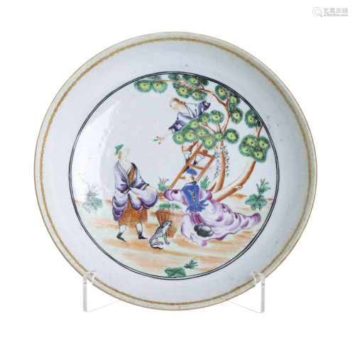 Chinese porcelain 'Cherry picking' plate, Qianlong