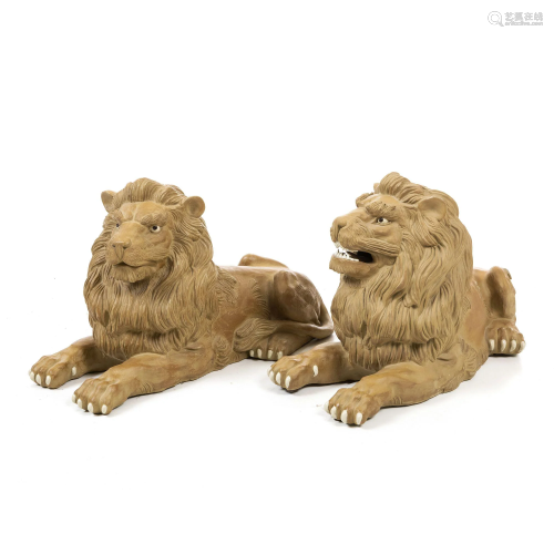 Pair of large Yixing ceramic lions