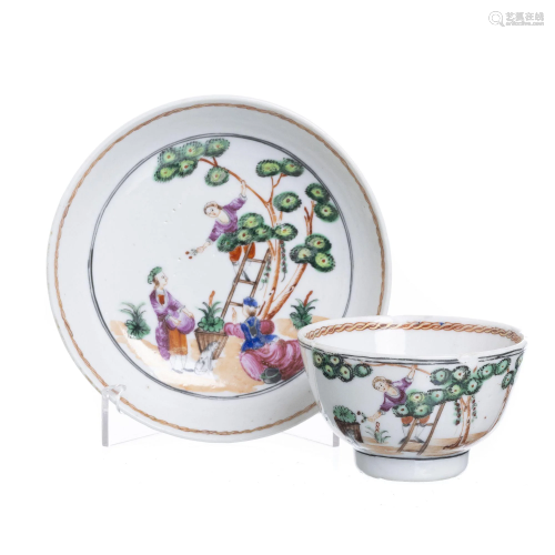 Chinese porcelain 'Cherry picking' teacup & saucer,