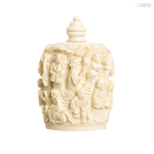 Chinese ivory 100 lohan snuff bottle, Minguo