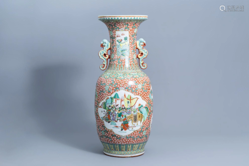 A large Chinese famille verte 'warrior' vase, 20th C.