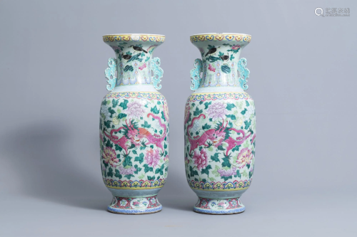 A pair of Chinese famille rose celadon ground 'dragon'