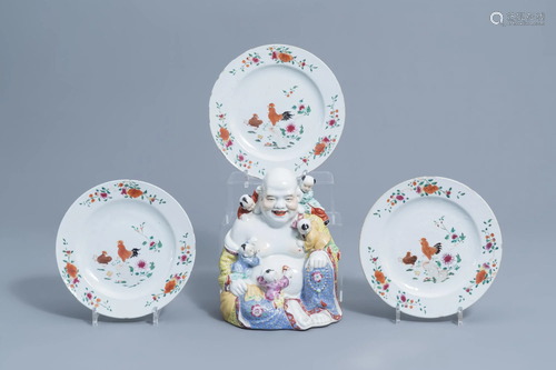 Three Chinese famille rose 'rooster and chicken' plates