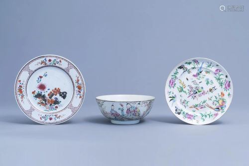 A Chinese famille rose 'Mandarin' bowl and two famille