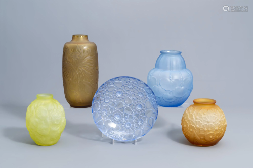 Four coloured glass vases and a charger with floral