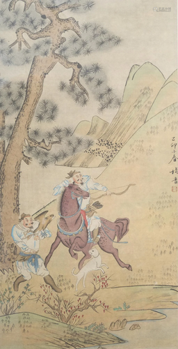 A Chinese 'falcon hunt' painting on paper, 19th/20th C.