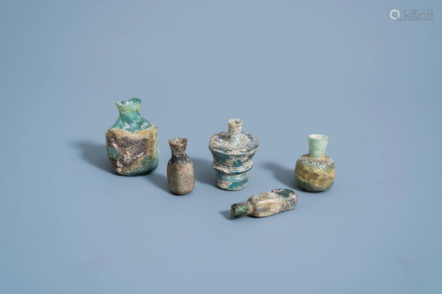 Five various soda glass bottles, jars and flasks, Roman