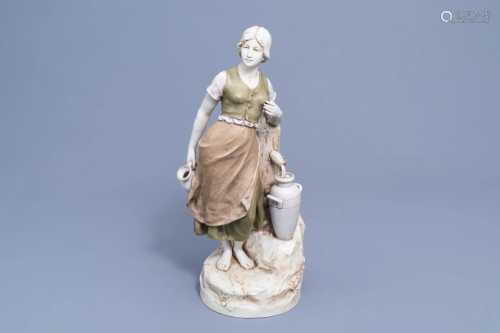 A polychrome decorated biscuit figure of a lady at a