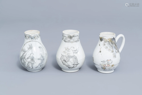 Three various Chinese grisaille and gilt milk jugs,