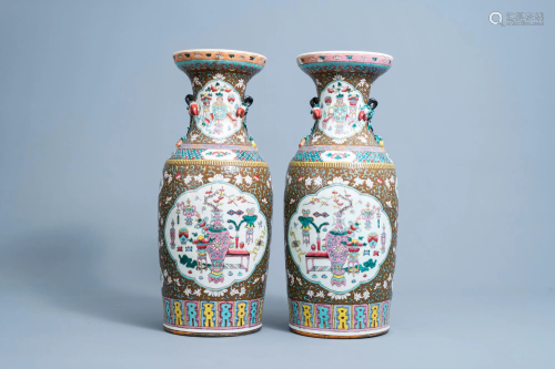 A pair of Chinese famille rose vases with antiquities