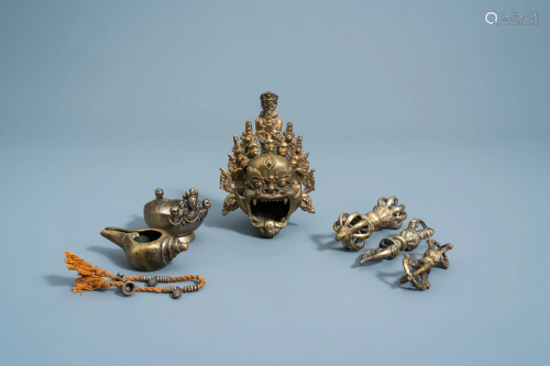 Seven various Tibetan bronze and copper ceremonial
