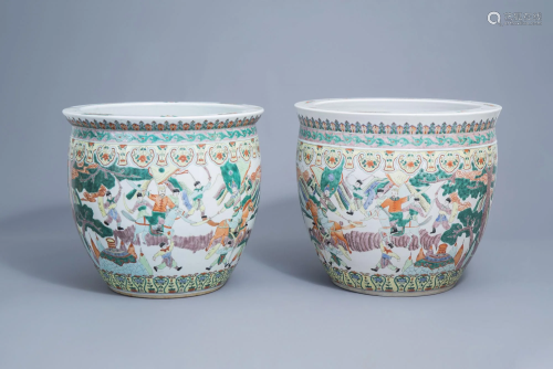 A pair of Chinese famille verte 'warrior' fish bowls,