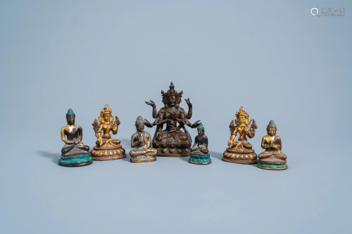 Seven bronze figures of Buddha and Tara, China and