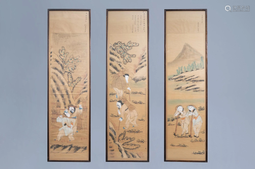 Three Chinese framed prints with cultivation scenes,