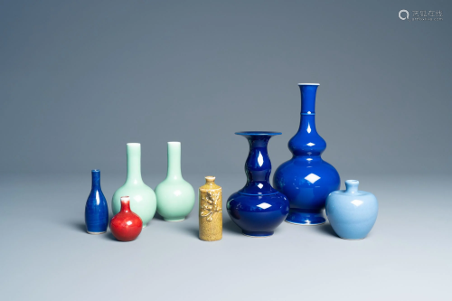 Seven various Chinese monochrome vases and a snuff