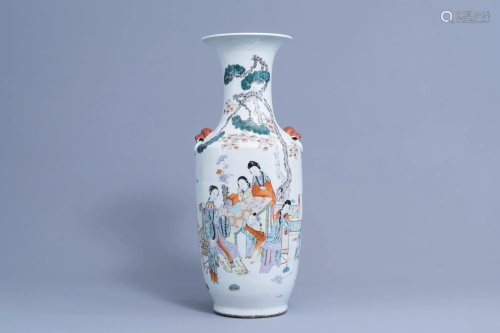 A Chinese polychrome vase with ladies and children on a