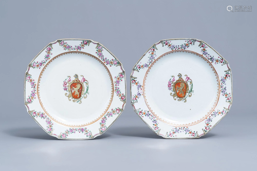 A pair of Chinese octagonal famille rose armorial