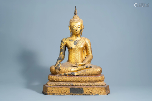 A large Thai gilt lacquered bronze figure of Buddha