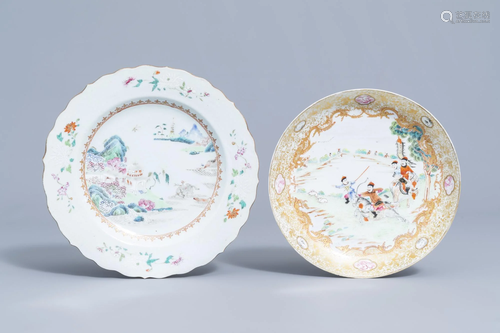 A Chinese famille rose 'hunting scene' dish and a plate