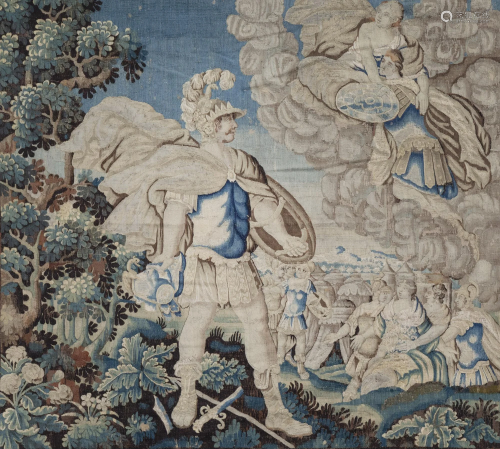 An impressive tapestry with Menelaus, Paris and