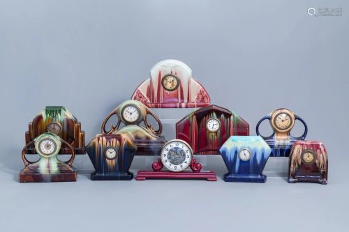 Ten polychrome Art Deco mantle clocks, a.o. Thulin,