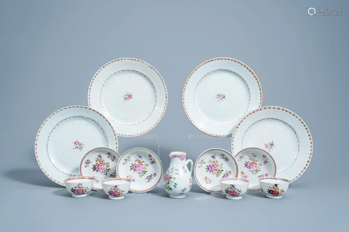 Four Chinse famille rose plates, four cups and saucers