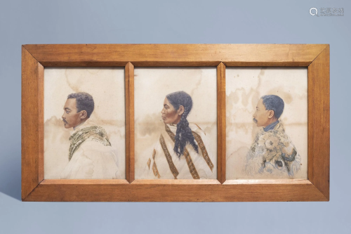 Three portrait studies, watercolour and pencil on silk,