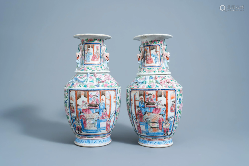 A pair of Chinese famille rose vases with palace scenes
