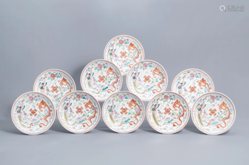Ten Chinese famille rose 'dragon and phoenix' chargers,