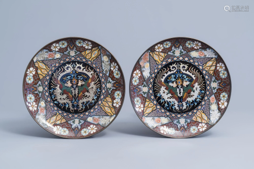 A pair of Japanese cloisonnŽ chargers with phoenix and
