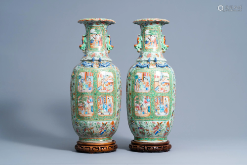 A pair of Chinese Canton famille rose celadon ground