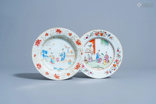 Two Chinese famille rose plates with ladies on a