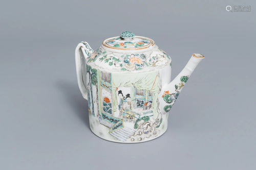 A Chinese famille verte teapot and cover with figures