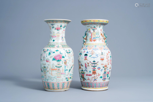 Two Chinese famille rose vases with antiquities design,