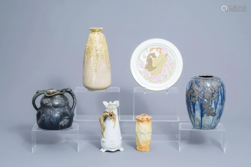 Five various polychrome decorated Art Nouveau vases and