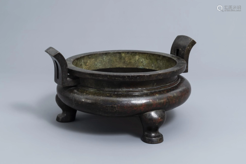 A large Chinese lacquered bronze censer with inscribed