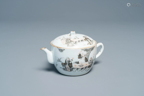 A Chinese iron red, grisaille and gilt teapot and cover