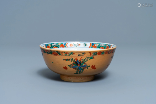 A Chinese capucine brown-ground famille verte bowl,