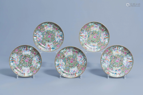 Five Chinese Canton famille rose plates, 19th C.