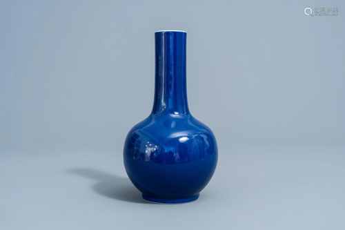 A Chinese monochrome blue bottle vase, 20th C.