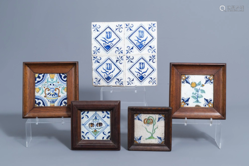 Eight Dutch Delft blue, white and polychrome tiles with