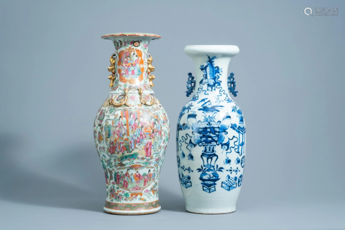A Chinese Canton famille rose baluster vase and a blue