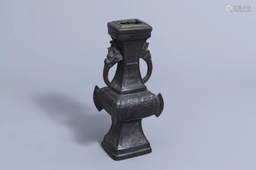 A quadrangular Chinese bronze vase, Ming