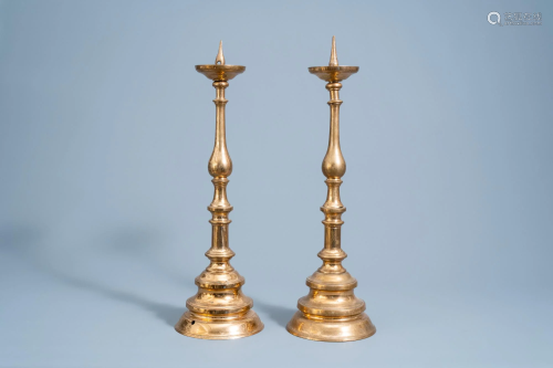 A pair of Flemish brass pricket candlesticks, 19th C.