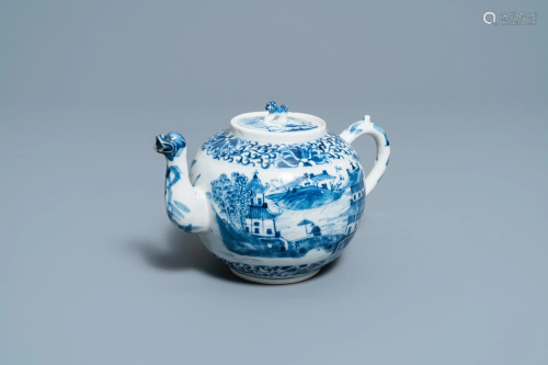 A Chinese blue and white teapot and cover with figures