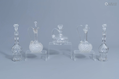 Five glass and crystal carafes, a.o. Verre de Lige,