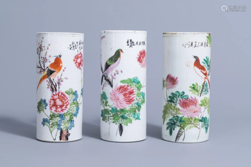 Three Chinese qianjiang cai hat stands with birds on