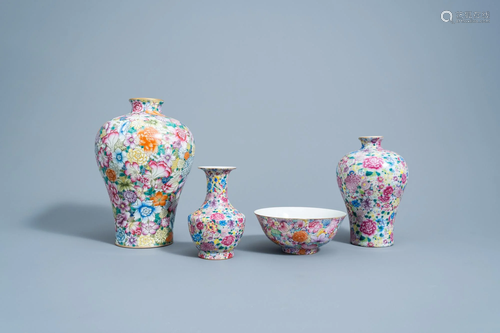 Three Chinese famille rose 'millefleurs' vases and a