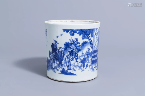 A large Chinese blue and white brush pot with figures