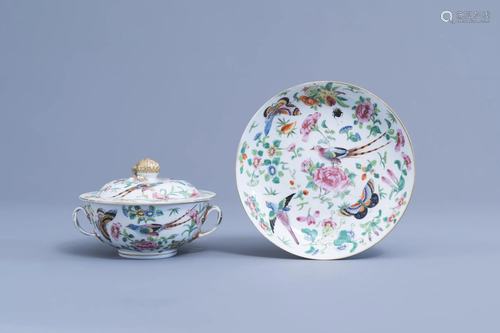 A Chinese Canton famille rose bowl and cover and a dish